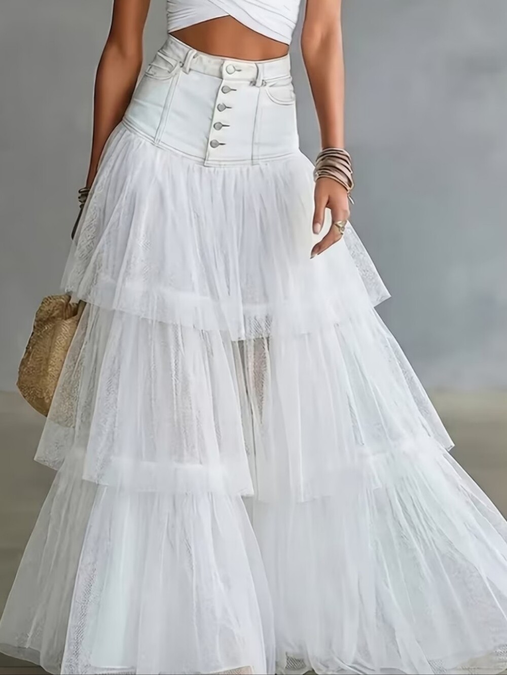 Women's Spliced High-Waist Multi-Layer Tiered Maxi Denim Skirt | Designed In A C